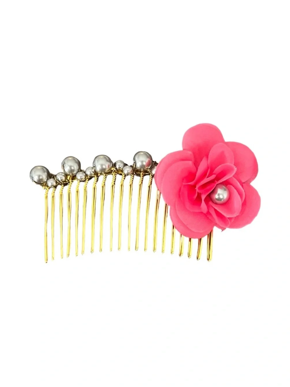 Gold Tone Hair Comb Pink Fabric Flower Silver Pearl Accents FINAL PRICE DROP